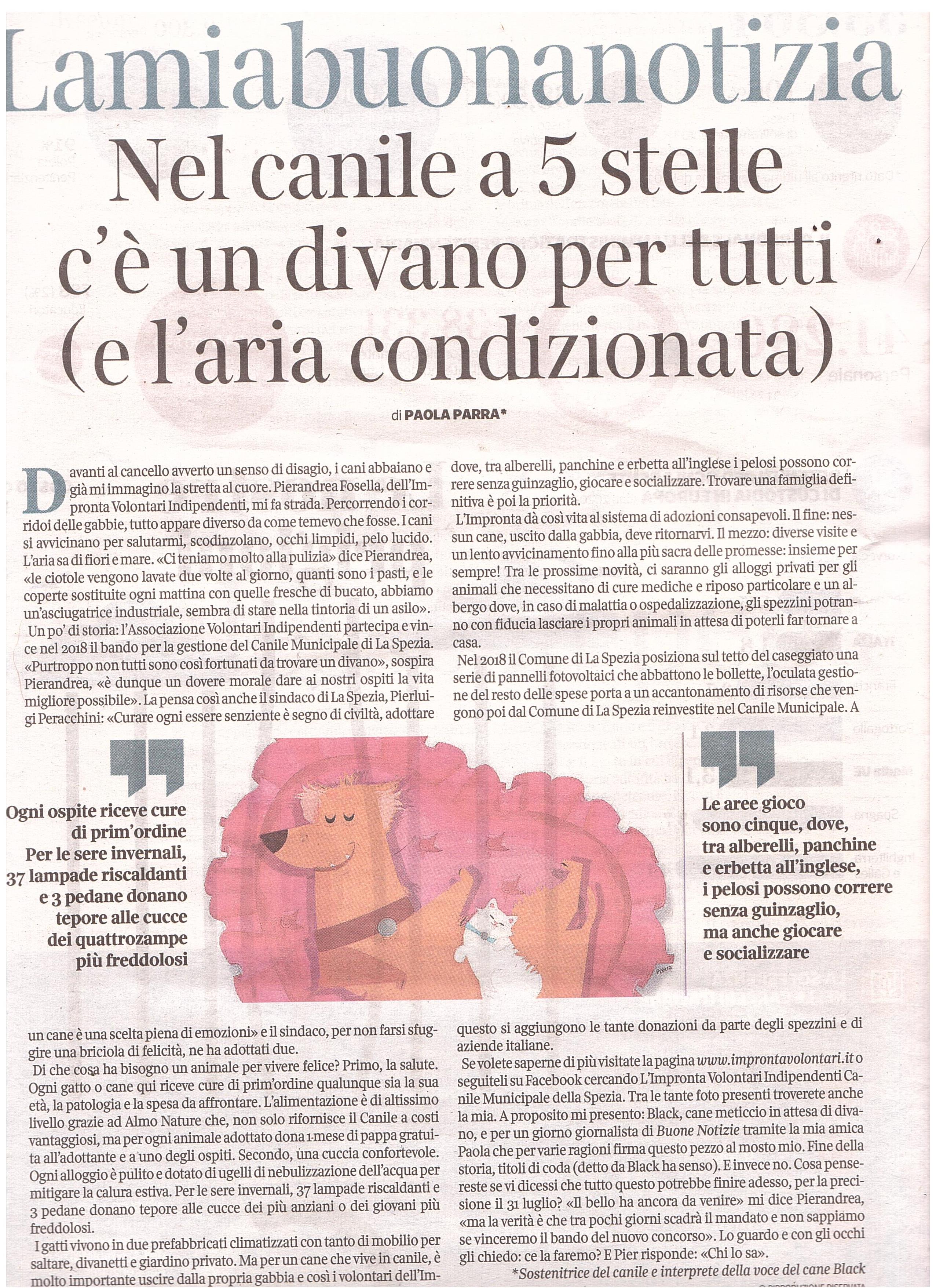 Al nostro bellissimo Canile Municipale, il canile della della nostra città, è dedicato questo articolo uscito nell'inserto Buone notizie del Corriere della Sera.
Per noi è motivo d'orgoglio che adesso si parli solamente in maniera positiva del canile dove da tanti anni svolgiamo la nostra opera di volontariato.
Un ringraziamento particolare a Paola De Petris Parra che ha scritto questo articolo con il cuore e che ci ha fatto commuovere.
 
Per agevolarne la lettura riportiamo qui sotto il contenuto dell’articolo in maniera integrale:
 

Davanti al cancello del Canile Municipale di La Spezia avverto un senso di disagio,
i cani abbaiano dall’interno e già mi immagino a sciogliermi in sensi di colpa e impotenza di fronte a ognuno di loro. Pierandrea Fosella, dell'Impronta Volontari Indipendenti, mi fa strada sorridendo.
Sa cosa sto pensando, è ciò che probabilmente provano in molti entrando in questi luoghi.
Eppure, percorrendo i corridoi delle gabbie, tutto cambia.
I cani si avvicinano per salutarmi, scodinzolano, i loro occhi sono limpidi, il pelo lucido.
Annuso l’aria, sa di fiori e mare. Nessun odore, «Ci teniamo molto alla pulizia.» risponde Pierandrea al mio pensiero, «Le ciotole vengono ritirate e lavate due volte al giorno, quanti sono i pasti e le coperte sostituite ogni mattina con quelle fresche di bucato, abbiamo acquistato una asciugatrice industriale, sembra di essere nella tintoria di un asilo».
L’Associazione Volontari Indipendenti partecipa e vince nel 2018 il bando per la gestione
del Canile Municipale di La Spezia con la ferma volontà di creare un canile di eccellenza
«Purtroppo non tutti sono così fortunati da trovare un divano …», sospira Pierandrea non nascondendo la sua commozione «…è dunque un dovere morale dare ai nostri ospiti la vita migliore possibile».
La pensa così anche il sindaco di La Spezia, Pierluigi Peracchini, che, con purezza adamantina si è sempre schierato in difesa degli animali:
«Considerare e curare le sofferenze di ogni essere senziente è sintomo di civiltà, adottare un cane è una scelta che conduce a una vita piena di emozioni e speranza» e il Sindaco, per non farsi sfuggire neppure una briciola di felicità, ne ha adottati due.
É difficile dire in poche righe tutto quello che sono riusciti a fare volontari e Comune in soli 3 anni, diciamo solo che se James Rachels fosse approdato qui se ne sarebbe innamorato.
Quindi per darvi un’idea di quanto sia speciale il Canile Municipale di La Spezia mi faccio una domanda,
di che cosa ha bisogno un animale per vivere felice?
La prima cosa è la salute.
Ogni gatto o cane ospitato in questo rifugio riceve cure di prim’ordine qualunque sia la sua età, la patologia e la spesa da affrontare.
L’alimentazione è di altissimo livello grazie ad Almo Nature che, non solo fornisce il Canile a costi vantaggiosi, ma per ogni animale adottato dona 1 mese di pappa gratuita all’adottante e a uno degli ospiti.
La seconda è una cuccia confortevole
Ogni alloggio è pulitissimo e dotato di ugelli di nebulizzazione dell’acqua per mitigare la calura estiva. Per le fredde sere invernali, invece, 37 lampade riscaldanti e 3 pedane donano tepore alle cucce dei più anziani o dei giovani più freddolosi.
I gatti vivono in due prefabbricati climatizzati con tanto di mobilio per saltare, divanetti per sonnecchiare e giardino privato dove rosolarsi al sole.
Ma per un cane che vive in Canile, tra le cose più importanti c’è la possibilità di uscire dalla propria gabbia e così, i volontari dell’Impronta, ogni giorno portano ogni cane a sgambare.
Le aree gioco presenti sono 5, dove, tra alberelli, panchine e erbetta tagliata all’inglese i pelosi possono correre liberi dal guinzaglio, giocare e socializzare tra loro.
Trovare una famiglia definitiva è poi la priorità,
l’Impronta dà così vita al sistema di adozioni consapevoli:
Il fine: nessun cane, uscito dalla gabbia, deve ritornarvi
Il mezzo: diverse visite e un lento avvicinamento fino alla più sacra delle promesse:
NOI STAREMO INSIEME PER SEMPRE!
Tra le prossime novità, svelate dal sindaco Peracchini, ci saranno gli alloggi privati per gli animali che necessitano di cure mediche e riposo particolare e un albergo dove, in caso di malattia o ospedalizzazione, gli spezzini potranno con fiducia lasciare i propri animali in attesa di poterli far tornare a casa.
Come sia stato possibile tutto questo è presto detto:
All’inizio fu la luce... Nel 2018 il Comune di La Spezia posiziona sul tetto del caseggiato una serie di pannelli fotovoltaici che abbattono le bollette,
l’oculata gestione del resto delle spese da parte dell’L'impronta Volontari Indipendenti Canile Municipale della Spezia porta ogni anno a un accantonamento di risorse che vengono poi dal Comune di La Spezia reinvestite nel Canile Municipale.
Se a questo si aggiungono le tante donazioni da parte degli spezzini e di aziende italiane che sono state entusiaste di partecipare al progetto donando materiali per migliorare la struttura, la magia è compiuta!
A questo punto se volete saperne di più visitate la pagina www.improntavolontari.it
o seguiteli su Facebook cercando L’Impronta Volontari Indipendenti Canile Municipale della Spezia.
Tra le tante foto presenti troverete anche la mia. A proposito mi presento,
Black cane meticcio taglia media in attesa di divano - giornalista sul campo per un giorno del Corriere della Sera
Fine della storia titoli di coda (detto da Black ha senso)
E invece no… Cosa pensereste se vi dicessi che questo che è solo il seme di un futuro
maestoso albero, solo la base di innumerevoli progetti finisse ora e per la precisone il 31 luglio di quest’anno?
«Il bello ha ancora da venire» mi dice Pierandrea strofinandomi il muso
«ma la verità è che tra pochi giorni scadrà il mandato di gestione e non sappiamo se vinceremo il bando del nuovo concorso»
Ora, non che non esistano gestioni altrettanto lodevoli, ma nel mio cuore si spezza qualcosa, guardo i nostri alloggi, i lavori fatti per rendere ogni angolo del nostro rifugio confortevole e vedo tutto sgretolarsi come un biscottino, guardo Pier e con gli occhi
gli faccio la domanda che ogni tifoso vorrebbe fare alla propria squadra del cuore alla finale di Coppa «Non lo so» mi risponde Pier
